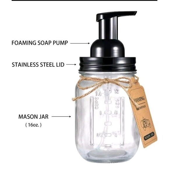 Soap Dispenser New Mason Jar Foaming Black Metal And Glass Pair - Picture 4 of 4